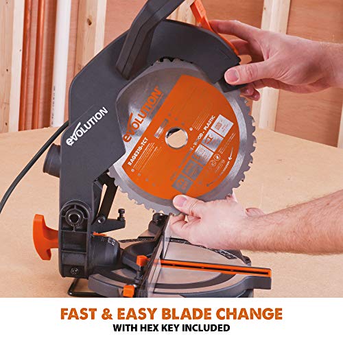 Evolution Power Tools R210CMS Compound Miter Saw Multi-Material Cutting TCT Blade Included Cuts Wood Metal Plastic & More, 45° - 45° Degree Miter & 45˚ Degree Bevel Angles, 1200W, 210mm