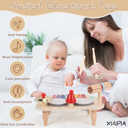 XIAPIA Kids Drum Kit, Baby Drum Musical Instruments Toys for 1 Year Old, Toddler Drum Set with Wooden Xylophone for Kids, Percussion Instruments Musical Toys Birthday Gifts for Children Boys and Girls