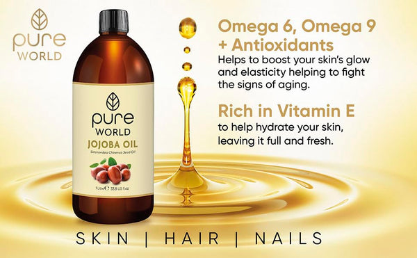 Pure World Natural Jojoba Oil 100% Pure and Undiluted 1 Litre 1000ml. Cold and Freshly Pressed Premium Quality Jojoba Oil – Skin, Nails, Body and Face, Vegan
