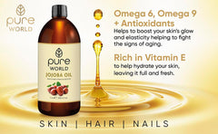 Pure World Natural Jojoba Oil 100% Pure and Undiluted 1 Litre 1000ml. Cold and Freshly Pressed Premium Quality Jojoba Oil – Skin, Nails, Body and Face, Vegan