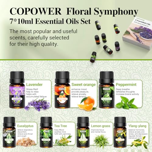 Essential Oils for Diffusers for Home, COPOWER 7x10mL Diffuser Oils Fragrance with Diffuser Wood, [Aroma Secrets] 100% Pure Aromatherapy Oil, Lavender, Lemon Grass, Tea Tree, Sweet Orange,Peppermint