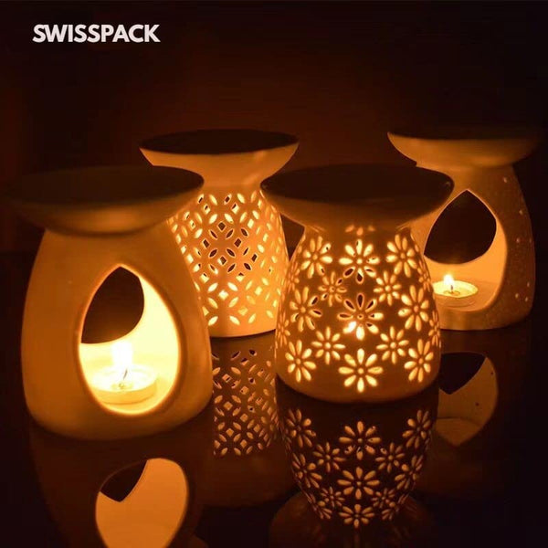 ZEEWIZZ !BIG SIZE! 9.8 x 9.8 x 11.5 cms Wax Melt EssentialOil Burner White -Star Pattern, Ceramic Aroma Burners Assorted Wax Warm Aromatherapy Holder Candle Scented Diffuser Home Bedroom