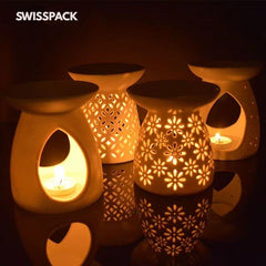 ZEEWIZZ !BIG SIZE! 9.8 x 9.8 x 11.5 cms Wax Melt EssentialOil Burner White -Star Pattern, Ceramic Aroma Burners Assorted Wax Warm Aromatherapy Holder Candle Scented Diffuser Home Bedroom