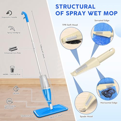 Microfibre Spray Wet Mops with 4x Washable Mop Pads - EXEGO Dust Dry Mop for Hard Floors Wood Floor Mop with Spray Flat Mop for Tile Vinyl Laminate Wood Ceramic Hardwood Floors Cleaning