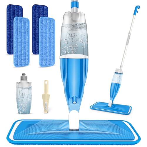 Microfibre Spray Wet Mops with 4x Washable Mop Pads - EXEGO Dust Dry Mop for Hard Floors Wood Floor Mop with Spray Flat Mop for Tile Vinyl Laminate Wood Ceramic Hardwood Floors Cleaning