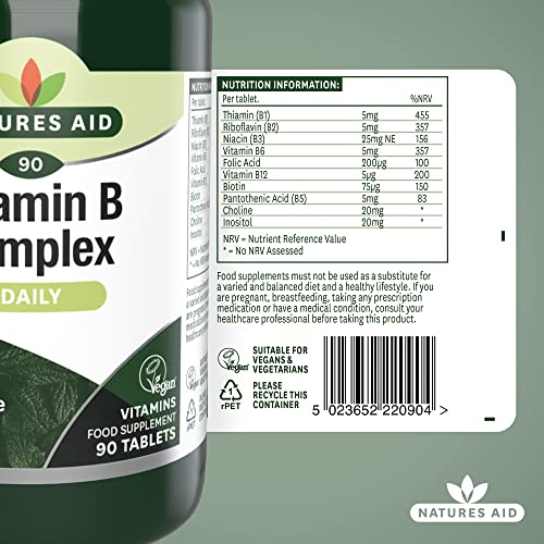 Natures Aid Vitamin B Complex 90 Tablets – High Potency – Supports Energy Metabolism, Nervous System, Brain & Immune Function – Vegan, Gluten Free, Non-GMO – Overall Wellbeing Supplement