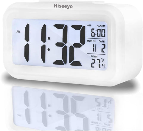 Upgraded Digital Alarm Clock, 4.3" LED Display with Temperature Larger Lound Light Control Portable Snooze Calendar Brightness with Battery Powered Alarm Clocks Bedside for Everyone (White)