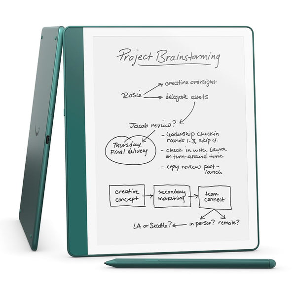 Amazon Kindle Scribe (64 GB) – Redesigned display with uniform borders. Now write directly on books and documents. With built-in notebook summarisation. Includes Premium Pen – Jade Metallic