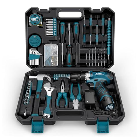 Sundpey Home Tool Kit 206PCs - Household Tool Set with 12V Cordless Drill Portable Starter Power Tool Combo Kits - Basic General Homeowner Tool Box for Men & Women for Garden & Office & House Repair