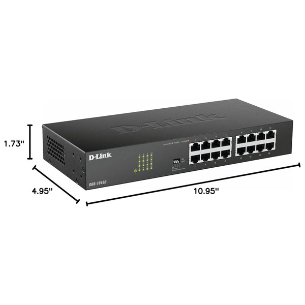 D-Link DGS-1016D 16-Port Green Ethernet Copper Gigabit Switch, Hub, Internet Splitter, Metal, Fanless, Plug and Play - UK Model, black DGS-1016D