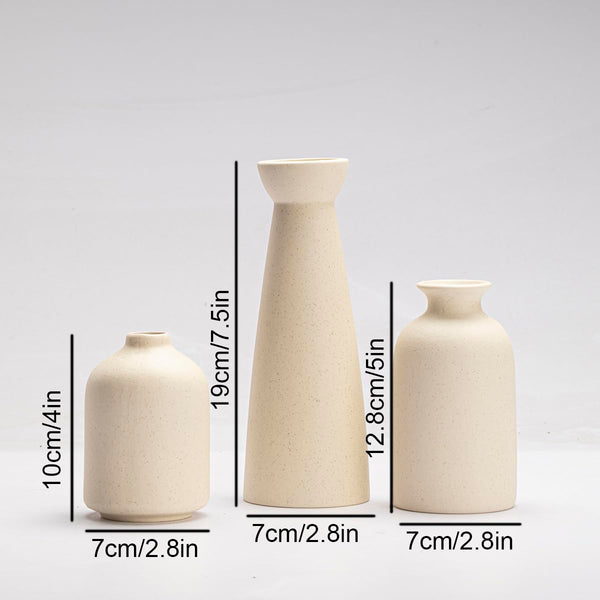 Ceramic Vase Set, 3 Piece, Small Boho Style, White (Beige)