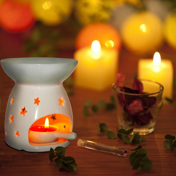 Wax Melt Essential Oil Burner White - Star Pattern, Ceramic Aroma Burners Assorted Wax Warmer Aromatherapy Tarts Holder Candle Scented Diffuser Home Bedroom Decor Christmas Housewarming Gift