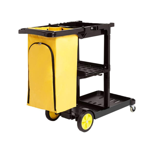 Amazon Basics 611-BLK Cleaning Cart with Zipper Bags and 2 Shelves, Black / Yellow (Previously AmazonCommercial brand)