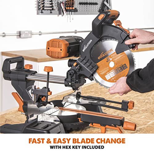 Evolution Power Tools R255SMS-DB+ Double Bevel Sliding Mitre Saw, Multi-Material Cuts Metal, Wood, Plastic & More - with Plus Pack includes Clamps, Dust Bag & Blades, 255mm (230V)
