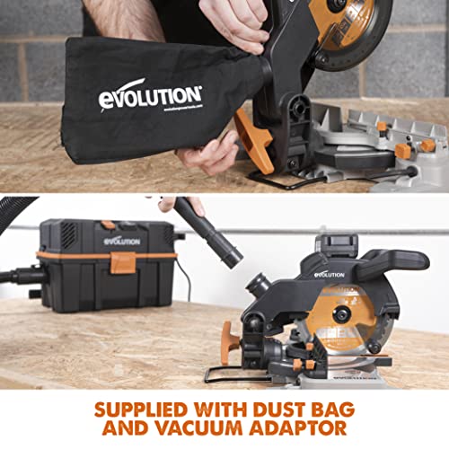 Evolution Power Tools R185CMS-Li Cordless Compound Mitre Saw with Multi-Material Cutting, 45° Bevel, 45° Mitre, 850W - includes 185MM TCT Blade, Battery NOT Included, Black/Orange (088-0001)