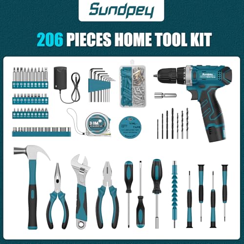 Sundpey Home Tool Kit 206PCs - Household Tool Set with 12V Cordless Drill Portable Starter Power Tool Combo Kits - Basic General Homeowner Tool Box for Men & Women for Garden & Office & House Repair