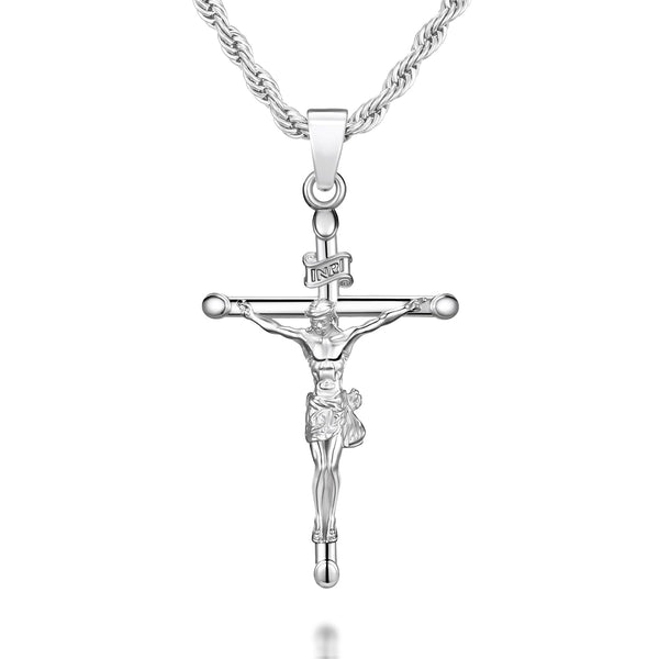 NORBU 925 Sterling Silver Crucifix Necklace for Men/Women, Religious Jewelry Gift for Baptism/Confirmation, Hypoallergenic Jesus Cross Pendant with Secure Lobster Clasp, Rope Chain, 20 inch