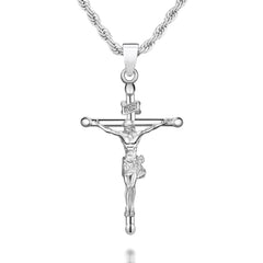 NORBU 925 Sterling Silver Crucifix Necklace for Men/Women, Religious Jewelry Gift for Baptism/Confirmation, Hypoallergenic Jesus Cross Pendant with Secure Lobster Clasp, Rope Chain, 20 inch