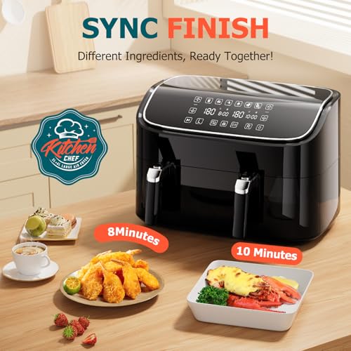 9L Dual Air Fryer, 3L+6L XL Capacity Dual Zone Digital Air Fryer, 2 Drawers, Non-Stick, Sync-Finish, 6L for Whole Chicken, 6 in 1 Cooking Presets, Healthier & Less Oil, Energy-Saving, Dishwasher-Safe