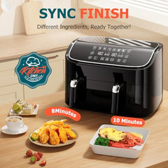 9L Dual Air Fryer, 3L+6L XL Capacity Dual Zone Digital Air Fryer, 2 Drawers, Non-Stick, Sync-Finish, 6L for Whole Chicken, 6 in 1 Cooking Presets, Healthier & Less Oil, Energy-Saving, Dishwasher-Safe