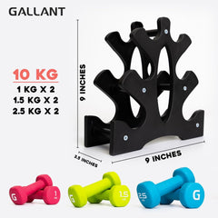 Gallant Neoprene Weights Dumbbells Set with Stand - Hex Dumbbell Hand Weights for Women & Men - Free Weights Set For Home Gym Fitness Pilates Training Exercise 10KG (1kg, 1.5kg, 2.5kg Pair)