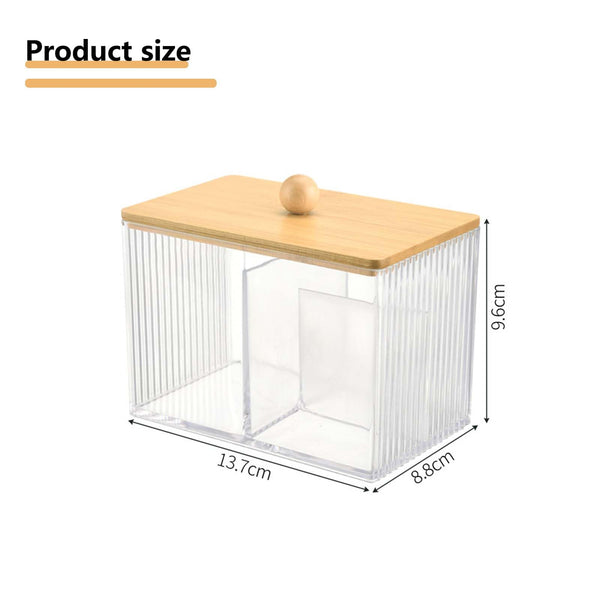SVOCK Clear Acrylic Cotton Wool Holder 3 Compartment Cotton Bud Holder with Wood Lid, Qtips Holder Dispenser Bathroom Jars with Lid, bathroom essentials Square-Shaped (Clear)