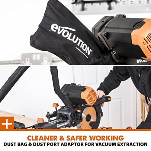 Evolution Power Tools R255SMS-DB+ Double Bevel Sliding Mitre Saw, Multi-Material Cuts Metal, Wood, Plastic & More - with Plus Pack includes Clamps, Dust Bag & Blades, 255mm (230V)