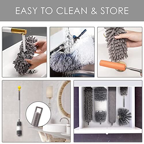 LAP0N0 5PCS Feather Duster kit Extendable,100 inch Telescopic Extension Pole Detachable Bendable and Washable Microfiber Chenille Duster Reusable Gap Crevice Brush for Cleaning Dust Cobwebs On High