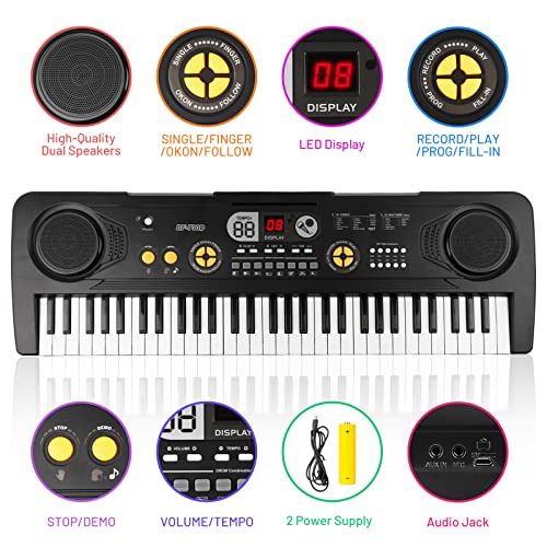 m zimoon Kids Piano Keyboard, 61 Keys Electronic Music Piano with LED Display,Music Stand,Mic, USB Power, Audio Cord Musical Instruments Education Toy Birthday for Boys Girls Beginner