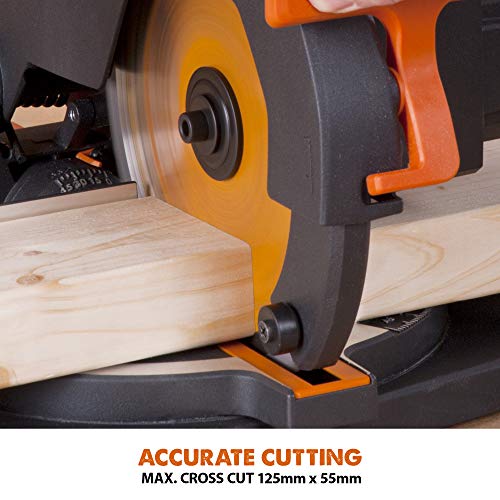 Evolution Power Tools R210CMS Compound Miter Saw Multi-Material Cutting TCT Blade Included Cuts Wood Metal Plastic & More, 45° - 45° Degree Miter & 45˚ Degree Bevel Angles, 1200W, 210mm