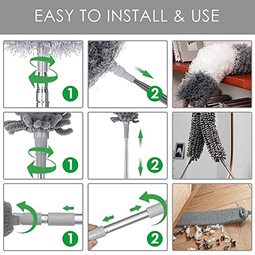 LAP0N0 5PCS Feather Duster kit Extendable,100 inch Telescopic Extension Pole Detachable Bendable and Washable Microfiber Chenille Duster Reusable Gap Crevice Brush for Cleaning Dust Cobwebs On High