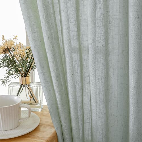 Novecozy Natural Linen Green Curtains 96 Inch Long 2 Panels Set for Bedroom Living Room, Backtab Rod Pocket Farmhouse Boho Linen Textured Light Filtering Semi Sheer Window Drapes, Ssge Green