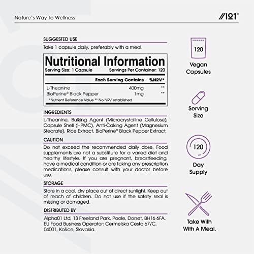 L-Theanine 400mg with BioPerine - 120 Capsules - Highly Bioavailable - Resealable and Recyclable Pouch - 6 Months Supply - by Alpha01
