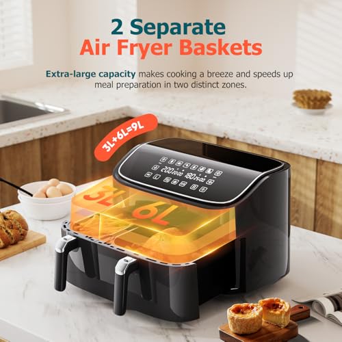 9L Dual Air Fryer, 3L+6L XL Capacity Dual Zone Digital Air Fryer, 2 Drawers, Non-Stick, Sync-Finish, 6L for Whole Chicken, 6 in 1 Cooking Presets, Healthier & Less Oil, Energy-Saving, Dishwasher-Safe