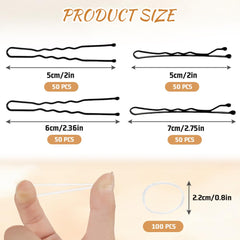 Aucuu 300 Pcs Bobby Pins Kit, Hair Pins for Women, Hair Grips, 100 Black Waved Hair Pins (50pcs L+50pcs S), 100 Black U Shaped H-air P-ins, 100 White Elastic Bands, with Storage Box