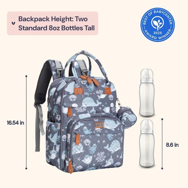 BabbleRoo Baby Changing Bag Backpack, Nappy Changing Back Pack Diaper Bags with Changing Mat & Pacifier Holder for Mom & Dad (Sea Animals)