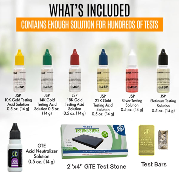 Gold Silver Platinum Jewelry Testing Kit 6 JSP Solutions 10K 14K 18K 22K 24K Silver, Platinum Large Test Stone Neutralizer & Bamboo Box Precious Metal Test Bars