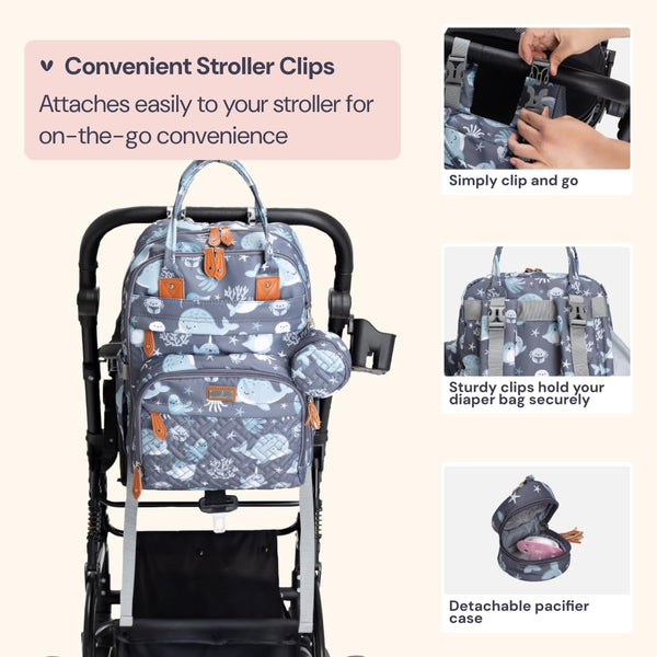 BabbleRoo Baby Changing Bag Backpack, Nappy Changing Back Pack Diaper Bags with Changing Mat & Pacifier Holder for Mom & Dad (Sea Animals)