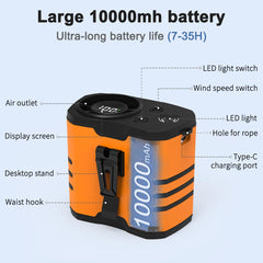 WAFTING Portable Waist Fan - 12000RPM High-Speed Belt Fan, 10-Speed Adjustable, 10000mAh Rechargeable, LED Display Shirt Air Conditioner for Camping, Hiking, and Outdoor Work(Orange)