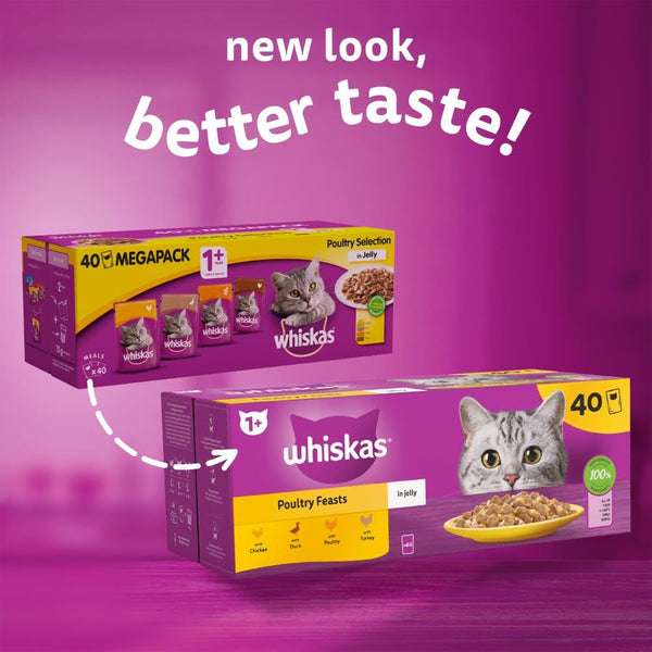 Whiskas 1+ Adult Poultry Selection in Jelly 40 Pouches, Adult Wet Cat Food, Megapack (40 x 85 g)