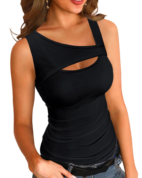 Necooer Womens Basic Black Tank Tops Summer Sleeveless Slim Shirt Ribbed Cutout Fitted Top Pullover T Shirt Tops for Women (Medium,Black)