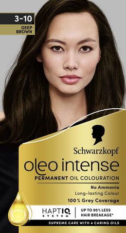 Schwarzkopf Oleo Intense Permanent Oil Colour 3-10 Deep Brown Hair Dye, 100% Grey Coverage, Conditioner with HaptIQ System, Long-Lasting Colour, Ammonia Free Hair Dye