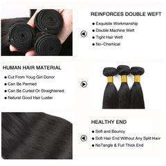Human Hair Bundles 26 28 30 Inch #1B Natural Black Straight Doubles Weft Weave Unprocessed No Shedding Virgin Human Hair Extension 3 Bundles Total 150g For Women