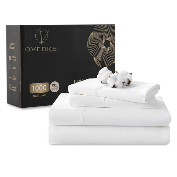 Overket 1000 Thread Count Egyptian Cotton Sheets Queen Size Set Sateen Weave Soft Breathable 16-Inch Deep Pocket 4PCS（Queen,White）