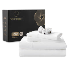 Overket 1000 Thread Count Egyptian Cotton Sheets Queen Size Set Sateen Weave Soft Breathable 16-Inch Deep Pocket 4PCS（Queen,White）