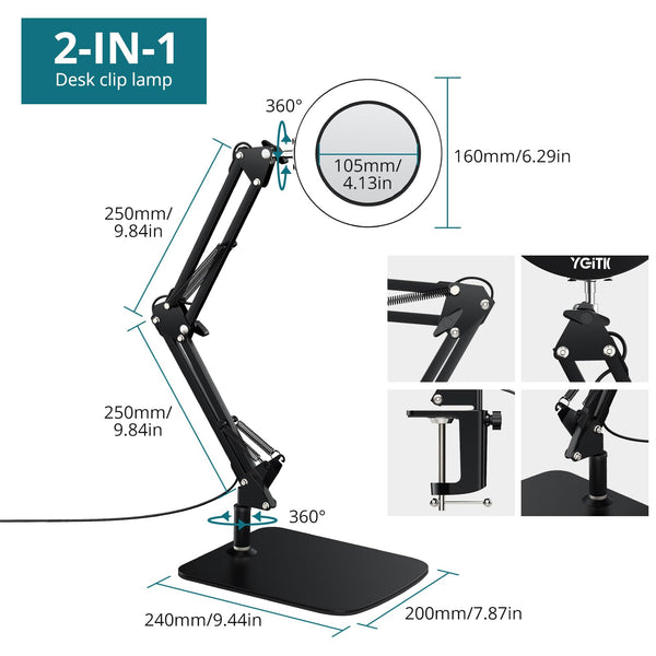 YGiTK Magnifying Glass with Light and Stand, Desk Magnifier Lamp with Adjustable Swing Arm LED Lighted Magnifying Glass with Clamp Real Glass Lens for Reading, Hobbies, Work & Crafting