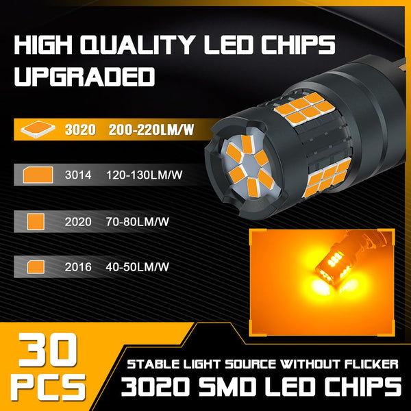 Sidaqi T20 7440 LED Amber Yellow CANBUS Error Free 25W 4800LM 30SMD 3020 Chips Super Bright Anti Hyper Flash 582 W21W LED Indicator Bulb for Front and Rear Turn Signal Light 12-24V (Pack of 2)