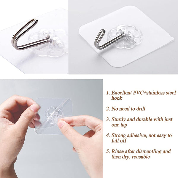 30 Pcs Self Adhesive Heavy Duty Wall Hooks, 22 lb/10 kg Max, Transparent Strong Adhesive Sticker Hook Wall Hook, No Drilling Sticky Hanging Hooks for Bathroom Kitchen Corner Shower Caddy Shelf Basket