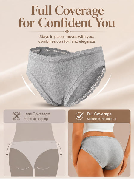 ALL OF SHE Cotton Underwear Women 5 Pack Ladies Knickers Multipack Soft Breathable Lace Trim Panties Comfortable Everyday Briefs-M