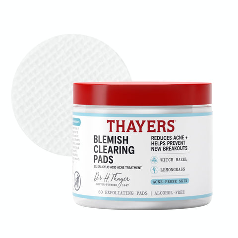 Thayers Blemish Clearing Acne Pads, Salicylic Acid Acne Treatment for Face, Pore Reducing, Exfoliating, and Soothing Skincare, Witch Hazel Toner Pads, 60 Ct